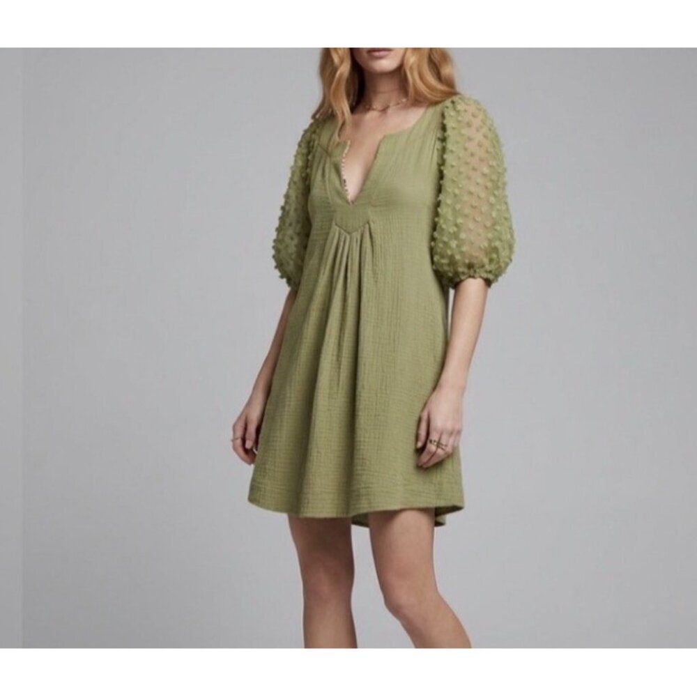 NEW Umgee Olive Green Mini Dress Puff Sleeve Swiss Dot MEDIUM Boho - Picture 2 of 15